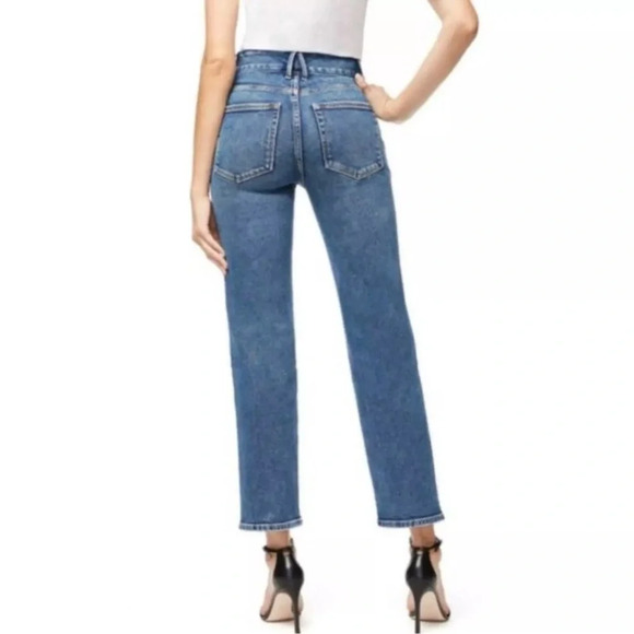 GOOD AMERICAN Blue High Rise Twist Seam Straight Leg Denim Jeans Sz. 2 26 - Picture 2 of 4